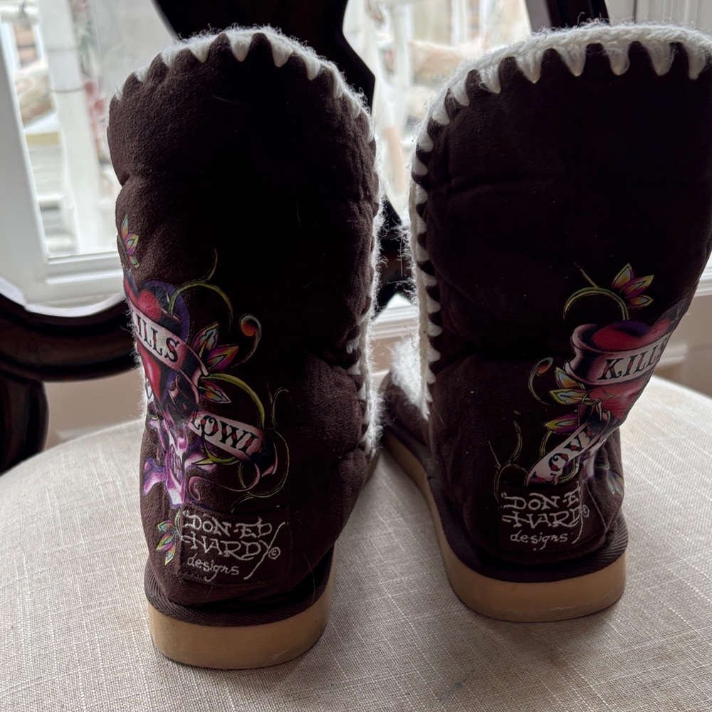 Ed Hardy Dark Brown Boots with Colorful Tattoo Art